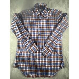 David Donahue Shirt Mens Size Med Trim Fit Orange Blue Plaid Button Down Cotton